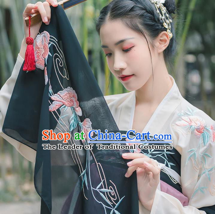 Traditional Chinese Tang Dynasty Palace Princess Embroidered Flowers Hanfu Black Wide Wearing Silks for Women