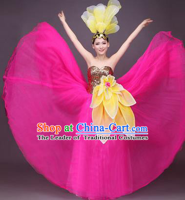 Traditional Chinese Modern Dance Performance Costume, China Opening Dance Full Dress, Classical Dance Big Swing Pink Dress for Women