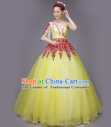Traditional Chinese Modern Dance Compere Performance Costume, China Opening Dance Full Dress, Classical Dance Big Swing Yellow Veil Dress for Women
