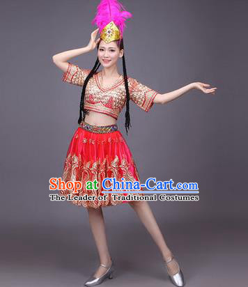 Traditional Chinese Uyghur Nationality Dancing Costume, Folk Dance Ethnic Costume, Chinese Minority Nationality Uigurian Dance Red Short Dress for Women