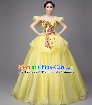 Traditional Chinese Modern Dance Compere Performance Costume, China Opening Dance Chorus Full Dress, Classical Dance Big Swing Yellow Dress for Women