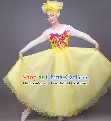 Traditional Chinese Modern Dance Compere Performance Costume, China Opening Dance Chorus Big Swing Full Dress, Classical Dance Yellow Bubble Dress for Women