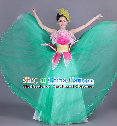 Traditional Chinese Modern Dance Compere Performance Costume, China Opening Dance Chorus Big Swing Full Dress, Classical Lotus Dance Green Dress for Women