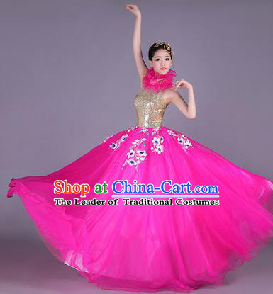 Traditional Chinese Modern Dance Performance Costume, China Opening Dance Clothing, Classical Dance Pink Bubble Dress for Women