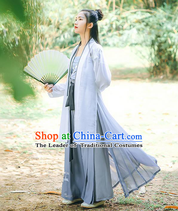 Traditional Chinese Song Dynasty Young Lady Embroidery Costume, Elegant Hanfu Clothing Blouse and Pants Suspenders Complete Set, Chinese Ancient Dress for Women