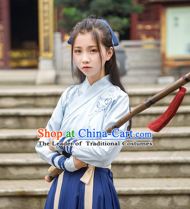 Traditional Chinese Han Dynasty Young Lady Embroidery Costume, Elegant Hanfu Clothing Chinese Ancient Swordsman Dress for Women