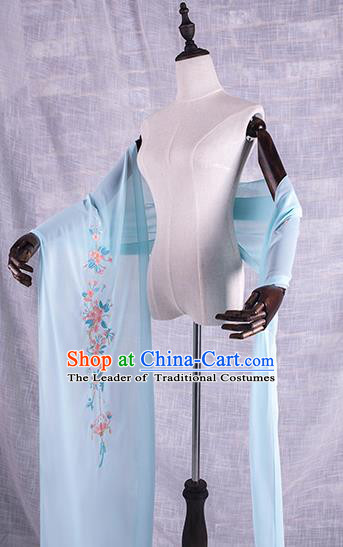 Traditional Chinese Tang Dynasty Palace Princess Embroidered Flowers Hanfu Blue Wide Wearing Silks for Women