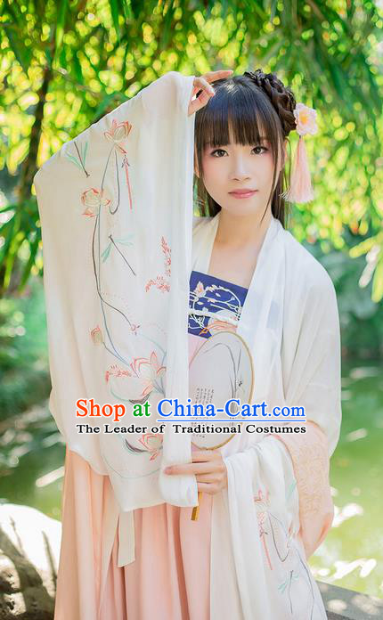 Traditional Chinese Tang Dynasty Palace Princess Costume, Elegant Hanfu Clothing Embroidered Chiffon White Wide Sleeve Cardigan, Chinese Ancient Princess Clothing for Women
