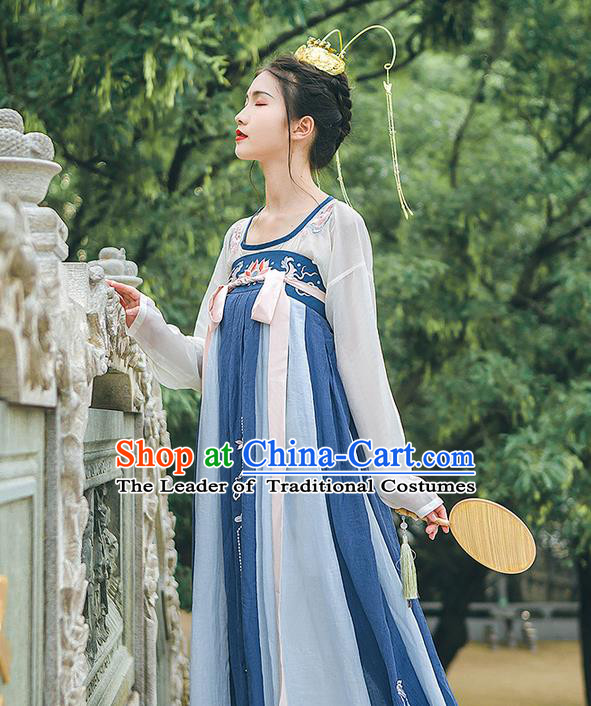 Traditional Chinese Tang Dynasty Palace Princess Costume, Elegant Hanfu Clothing Embroidered Blue Dress, Chinese Ancient Princess Clothing for Women