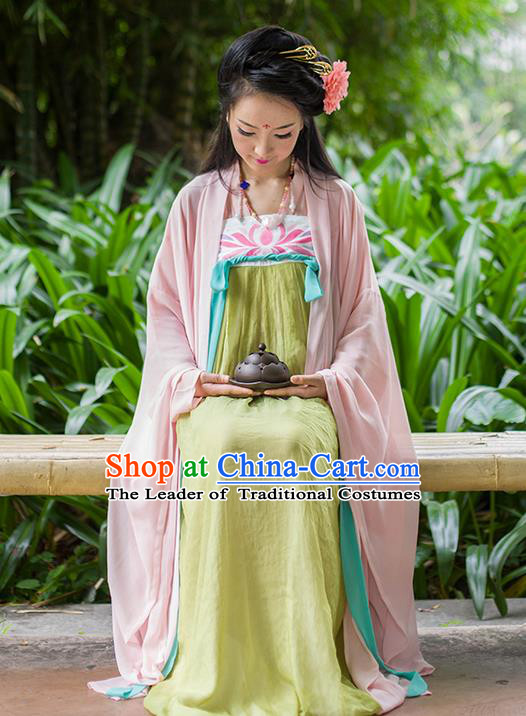 Traditional Chinese Tang Dynasty Palace Princess Costume, Elegant Hanfu Clothing Chiffon Pink Wide Sleeve Cardigan, Chinese Ancient Princess Clothing for Women