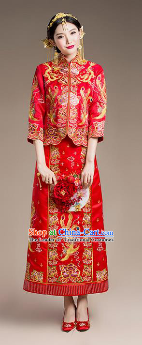 Traditional Chinese Wedding Costume Xiuhe Suits Wedding Bride Dress, Ancient Chinese Toast Dress Embroidered Dragon and Phoenix Clothing for Women