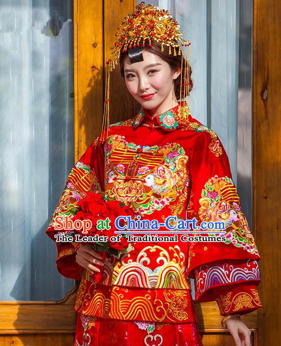 Traditional Chinese Wedding Costume Xiuhe Suits Wedding Bride Dress, Ancient Chinese Toast Dress Embroidered Dragon and Phoenix Clothing Longfeng Flown for Women