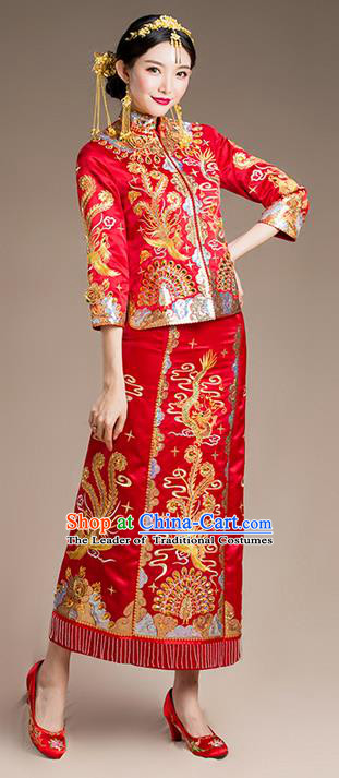 Traditional Chinese Wedding Costume Xiuhe Suits Wedding Bride Slim Dress, Ancient Chinese Toast Dress Embroidered Dragon and Phoenix Clothing Longfeng Flown for Women