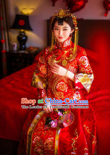 Traditional Chinese Wedding Costume Xiuhe Suits Wedding Bride Red Dress, Ancient Chinese Toast Dress Embroidered Dragon and Phoenix Clothing Longfeng Flown for Women