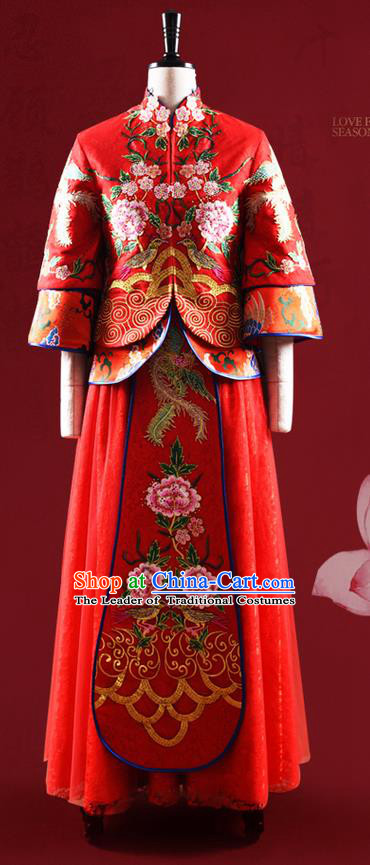 Traditional Chinese Wedding Costume XiuHe Suit Clothing Dragon and Phoenix Flown, Ancient Chinese Bride Embroidered Peony Cheongsam Dress for Women