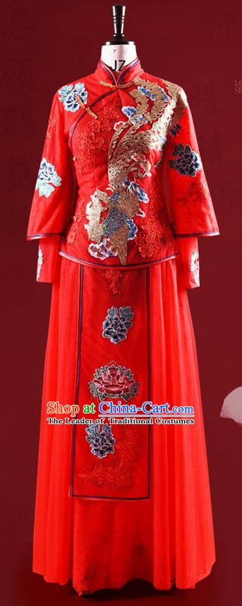 Traditional Chinese Wedding Costume XiuHe Suit Clothing Dragon and Phoenix Flown, Ancient Chinese Bride Embroidered Lace Cheongsam Dress for Women