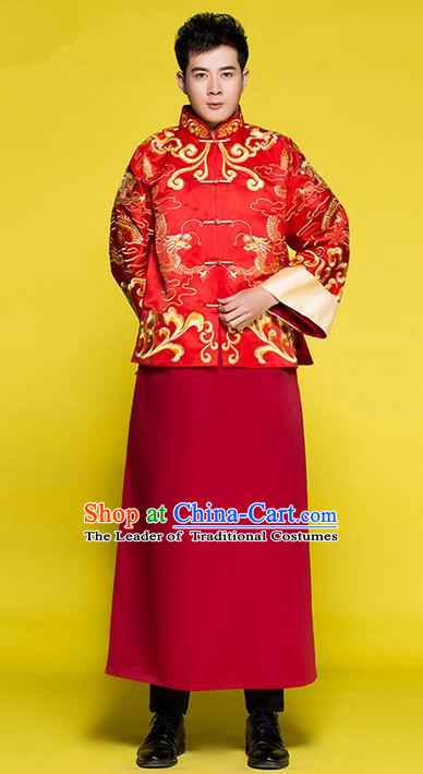 Traditional Chinese Wedding Costume Tang Suits Wedding Red Clothing, Ancient Chinese Bridegroom Toast Embroidered Long Flown for Men
