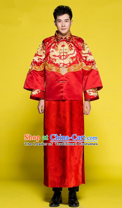 Traditional Chinese Wedding Costume Tang Suits Wedding Red Clothing, Ancient Chinese Bridegroom Toast Embroidered Dragon Long Robes for Men