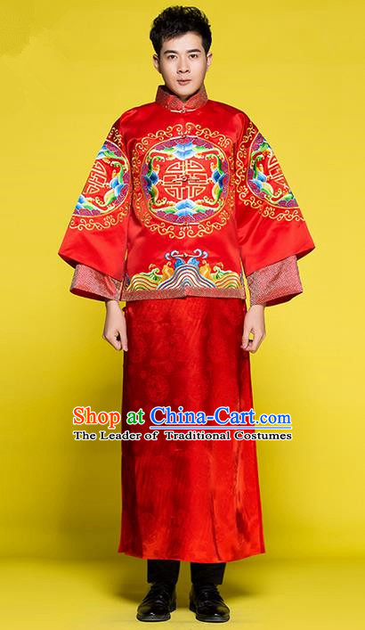 Traditional Chinese Wedding Costume Tang Suits Xiuhe Wedding Red Clothing, Ancient Chinese Bridegroom Toast Embroidered Long Robes for Men