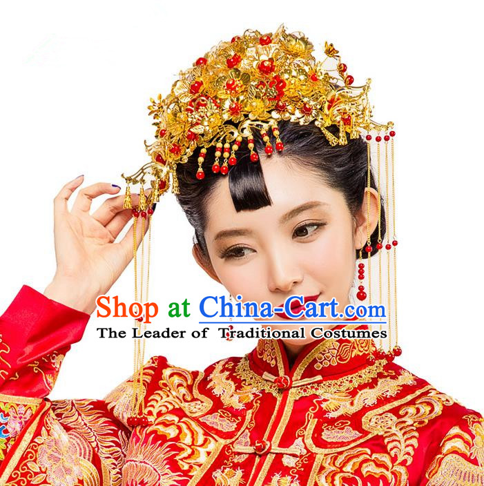 Traditional Chinese Wedding Xiuhe Suit Hair Accessories Hair Comb, Cnina Style Hanfu Phoenix Coronet Tassel Step Shake, Ancient Chinese Bride Hairpins Head Ornament for Women