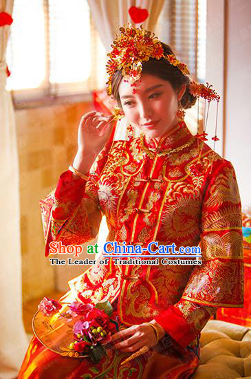 Traditional Chinese Wedding Costume Xiuhe Wedding Red Clothing Longfeng Flown, Ancient Chinese Bride Toast Embroidered Dress for Women