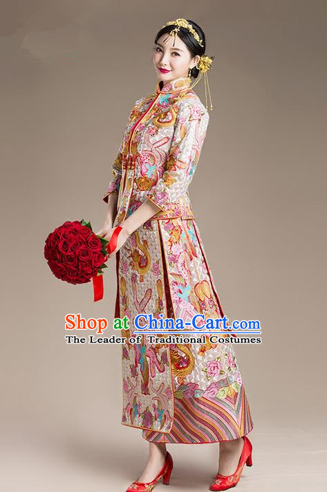 Traditional Chinese Wedding Costume Xiuhe Wedding Clothing Longfeng Flown, Ancient Chinese Bride Toast Hand Embroidered Dragon and Phoenix Slim Cheongsam Full Dress for Women