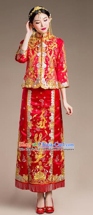 Traditional Chinese Wedding Costume Xiuhe Wedding Clothing Longfeng Flown, Ancient Chinese Bride Toast Hand Embroidered Dragon and Phoenix Slim Beading Cheongsam for Women