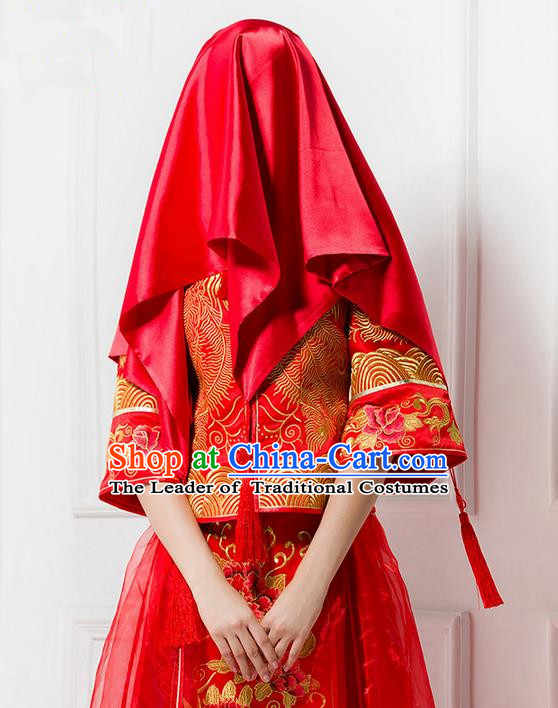 Traditional Chinese Wedding Costume Xiuhe Red Veil, Ancient Chinese Bride Embroidered Chinese Knot Red Head Cover for Women