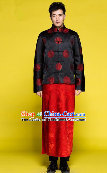 Traditional Chinese Wedding Costume Tang Suits Wedding Red Clothing, Ancient Chinese Manchu Bridegroom Toast Embroidered Long Flown for Men