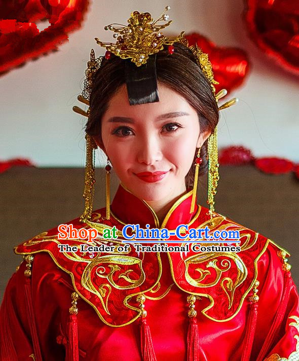 Traditional Chinese Wedding Xiuhe Suit Hair Accessories, Cnina Style Hanfu Phoenix Crown Tassel Step Shake, Ancient Chinese Bride Hairpins for Women