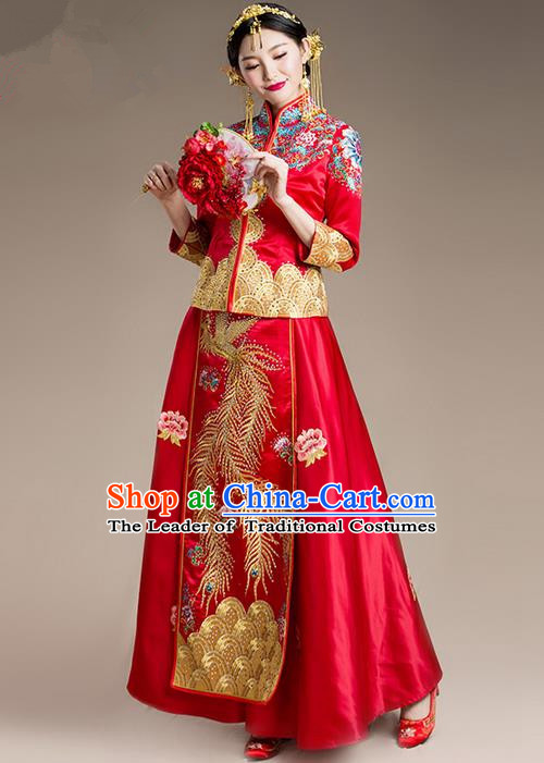 Traditional Chinese Wedding Costume Xiuhe Suit Clothing, Ancient Chinese Bride Embroidered Dragon and Phoenix Robes Cheongsam Dress for Women