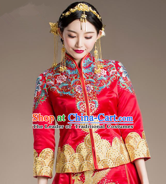 Traditional Chinese Wedding Costumes Traditional Xiuhe Suits Wedding Bride Dress Ancient Chinese bridal hair Accessory Headwear