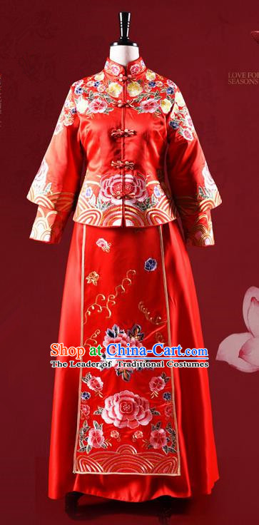 Traditional Chinese Wedding Costume XiuHe Suit Clothing Dragon and Phoenix Flown Bottom Drawer, Ancient Chinese Bride Embroidered Cheongsam Dress for Women