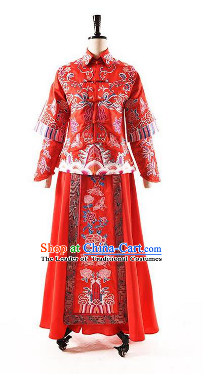 Traditional Chinese Wedding Costume XiuHe Suit Clothing Dragon and Phoenix Flown Slim Wedding Dress, Ancient Chinese Bride Hand Embroidered Peony Cheongsam Dress for Women