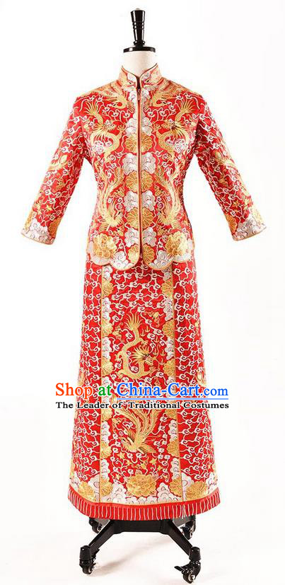 Traditional Chinese Wedding Costume XiuHe Suit Clothing Longfeng Flown Slim Wedding Dress, Ancient Chinese Bride Hand Embroidered Phoenix Cheongsam Dress for Women