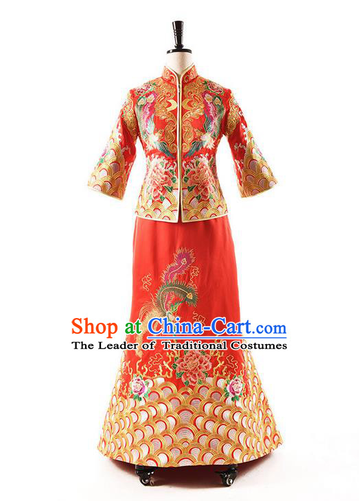 Traditional Chinese Wedding Costume XiuHe Suit Clothing Longfeng Flown Wedding Red Full Dress, Ancient Chinese Bride Hand Embroidered Phoenix Cheongsam Dress for Women