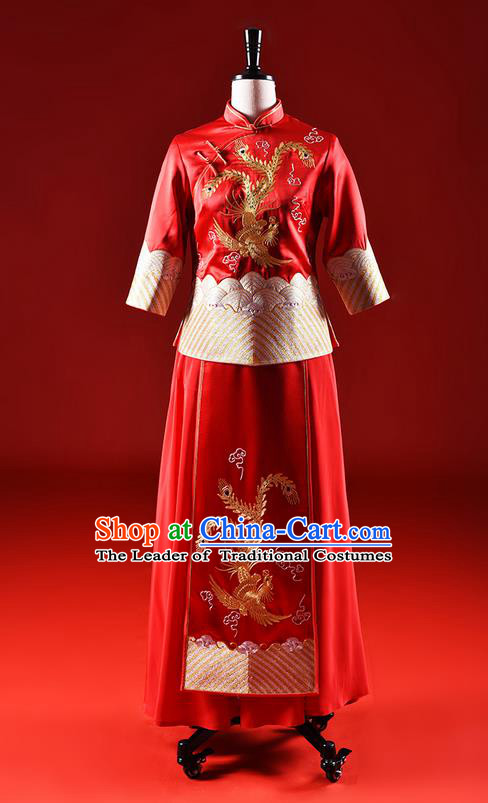 Traditional Chinese Wedding Costume XiuHe Suit Clothing Dragon and Phoenix Wedding Red Full Dress, Ancient Chinese Bride Hand Embroidered Cheongsam Dress for Women