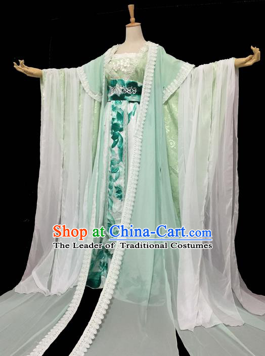 Traditional Chinese Cosplay Imperial Consort Fairy Costume, Chinese Ancient Ink Painting Plum Blossom Hanfu Tang Dynasty Princess Green Dress Clothing for Women