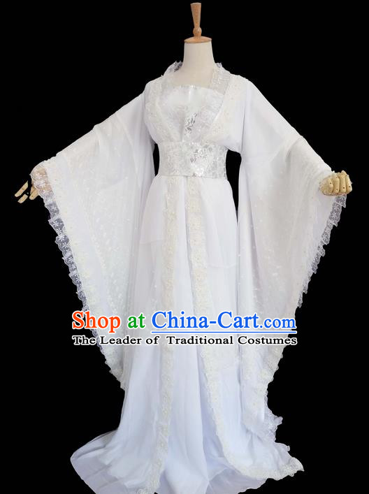 Traditional Chinese Han Dynasty Imperial Princess Costume, Elegant Hanfu Clothing Blouse and Skirts, Chinese Ancient Young Lady Embroidered White Lace Dress for Women
