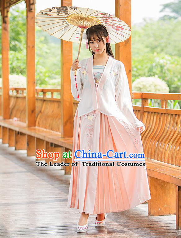 Traditional Chinese Tang Dynasty Young Lady Costume, Elegant Hanfu Clothing Embroidered Boob Tube Top Blouse and Skirt, Chinese Ancient Imperial Princess Dress for Women