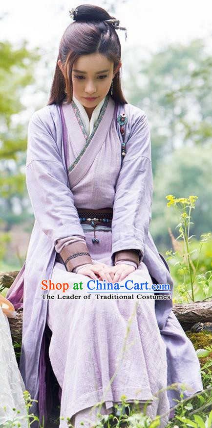 Traditional Ancient Chinese Young Lady Costume and Headwear Complete Set, The Legend of the Condor Heroes Chinese Song Dynasty Swordswoman Hanfu Dress Clothing for Women