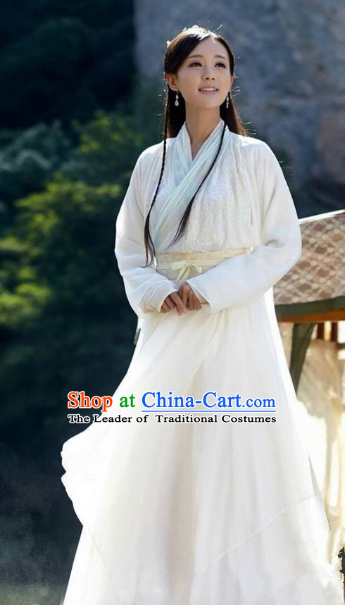 Traditional Ancient Chinese Peri Costume and Headwear Complete Set, The Legend of the Condor Heroes Chinese Song Dynasty Huang Rong Hanfu White Dress Clothing for Women