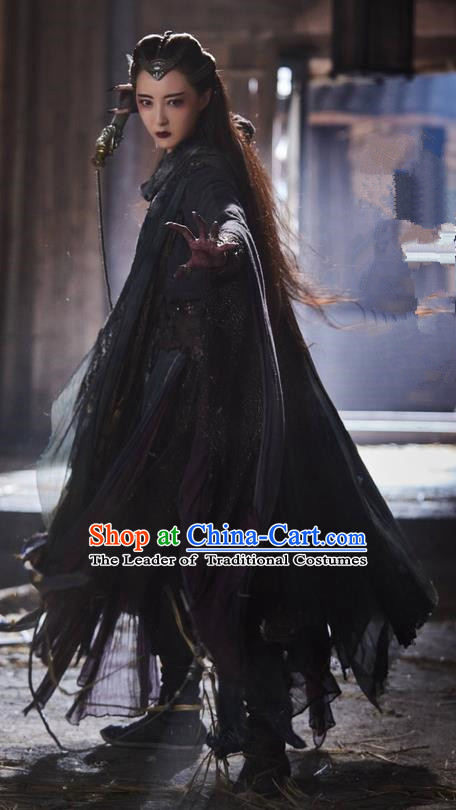 Traditional Ancient Chinese Evil Female Costume and Headwear Complete Set, The Legend of the Condor Heroes Chinese Song Dynasty Mei Chaofeng Hanfu Dress Swordswoman Clothing for Women