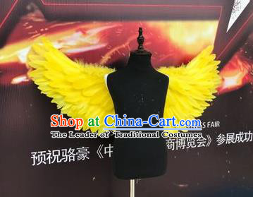 Top Grade Compere Professional Performance Catwalks Halloween Yellow Feather Wings, Traditional Brazilian Rio Carnival Dance Fancywork Clothing for Kids
