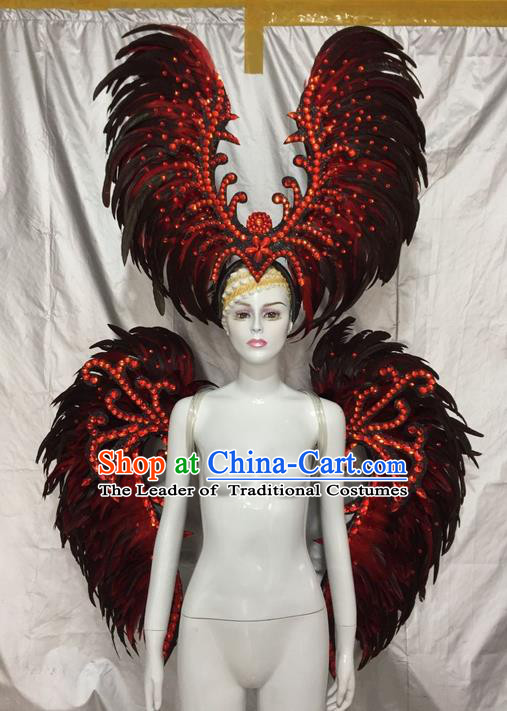 Top Grade Compere Professional Performance Catwalks Costumes, Traditional Brazilian Rio Carnival Samba Dance Feather Wings Suit Fancywork Clothing for Kids
