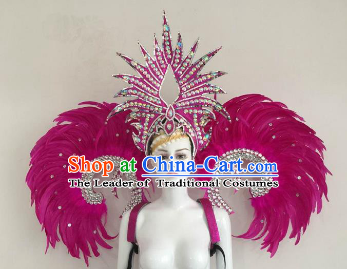 Top Grade Compere Professional Performance Catwalks Rosy Feather Wings and Headpiece, Traditional Brazilian Rio Carnival Samba Opening Dance Suits Modern Fancywork Swimsuit Clothing for Women