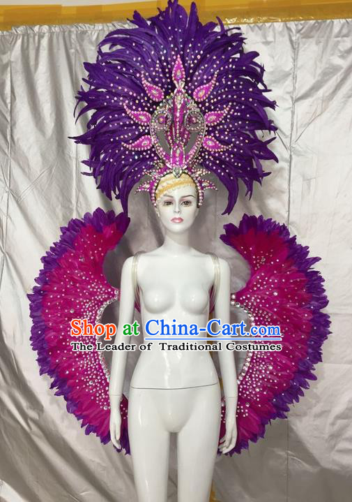 Top Grade Compere Professional Performance Catwalks Costumes and Headpiece, Traditional Brazilian Rio Carnival Samba Dance Rosy Feather Wings Suit Fancywork Clothing for Kids