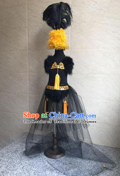 Top Grade Compere Professional Performance Catwalks Costume and Headwear, Traditional Brazilian Rio Carnival Samba Opening Dance Custom-made Customized Swimsuits Bikini Clothing for Kids