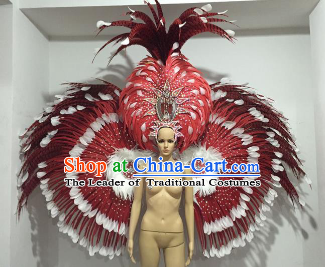 Top Grade Professional Performance Catwalks Large Size Red Feather Wings and Headwear, Brazilian Rio Carnival Samba Opening Dance Custom-made Customized Props Clothing for Women