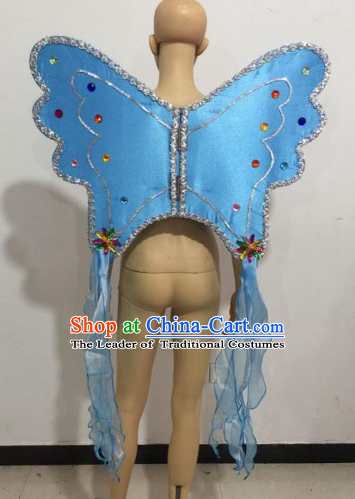 Top Grade Professional Stage Show Catwalks Halloween Blue Butterfly Wings, Brazilian Rio Carnival Samba Opening Dance Custom-made Customized Backboard Accessories Props for Women